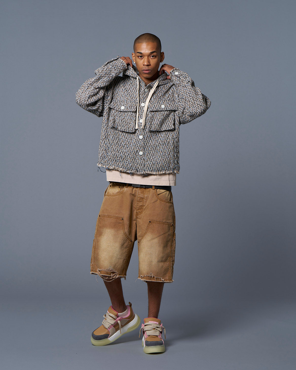 HERRINGBONE CROPPED HOODY - NAVY